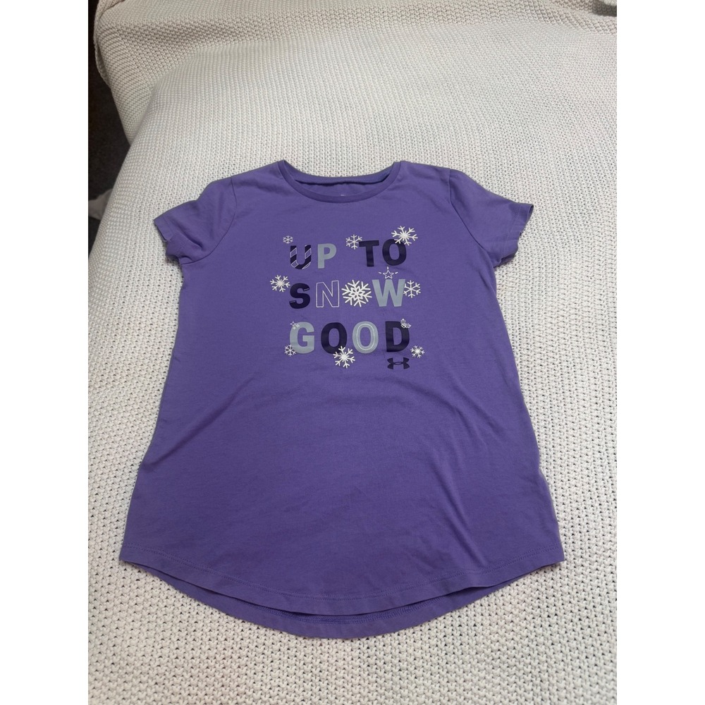 Under Armour Girls Purple Up To Snow Good Graphic Tee HeatGear Shirt YMD M